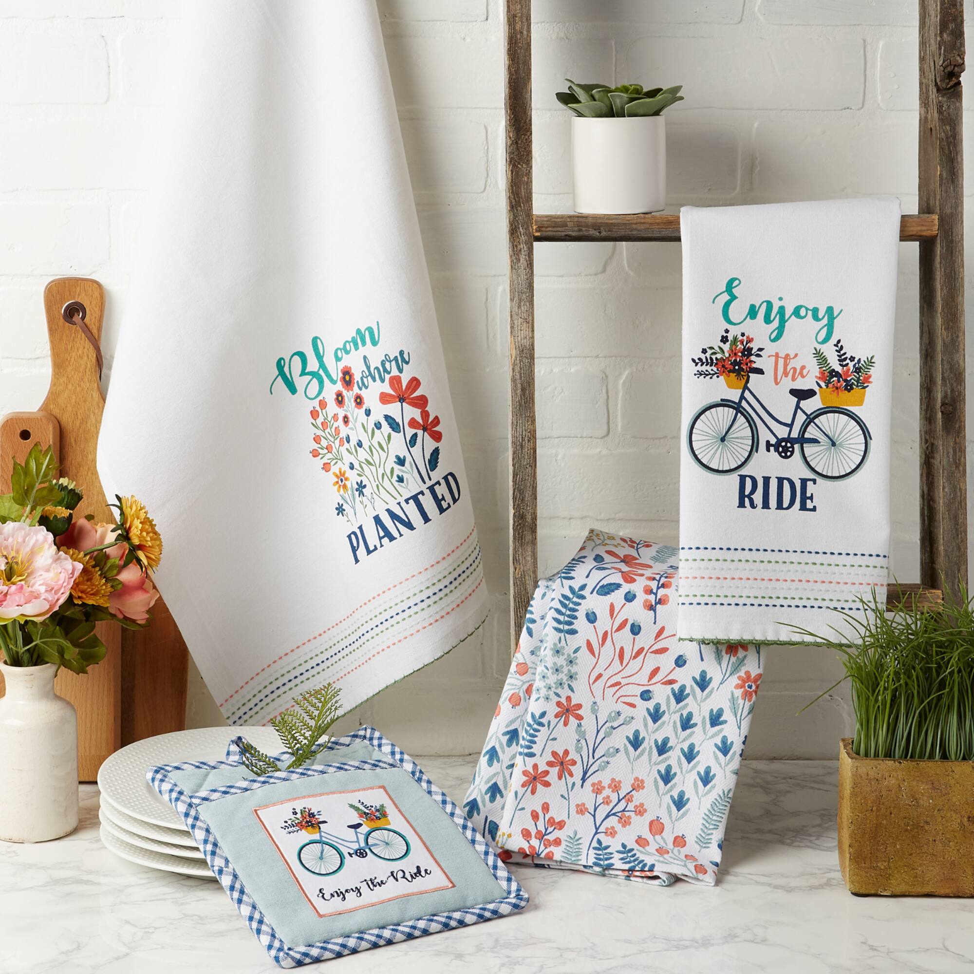 Easter Folk Garden Kitchen Textiles, Potholder & Dishtowel, Enjoy the Ride Set
